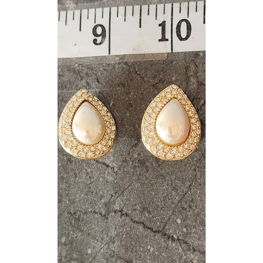 Roman Crystal Rhinestone Cluster Faux Pearl Teardrop Shape Clip-On Earrings